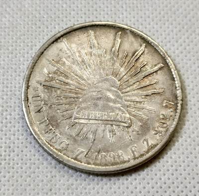 甄臻铺-世界币章拍卖（第46期）送拍享返佣金等优惠多多（1月10日精品场，敬请期待） - 墨西哥鹰洋，1898ZS FZ原铸版，此版常见弱打，这枚是少见的全羽毛UNC品相，鹰头和蛇头的表情清晰，对光可看到带有红绿蓝彩色渐变，细节见图