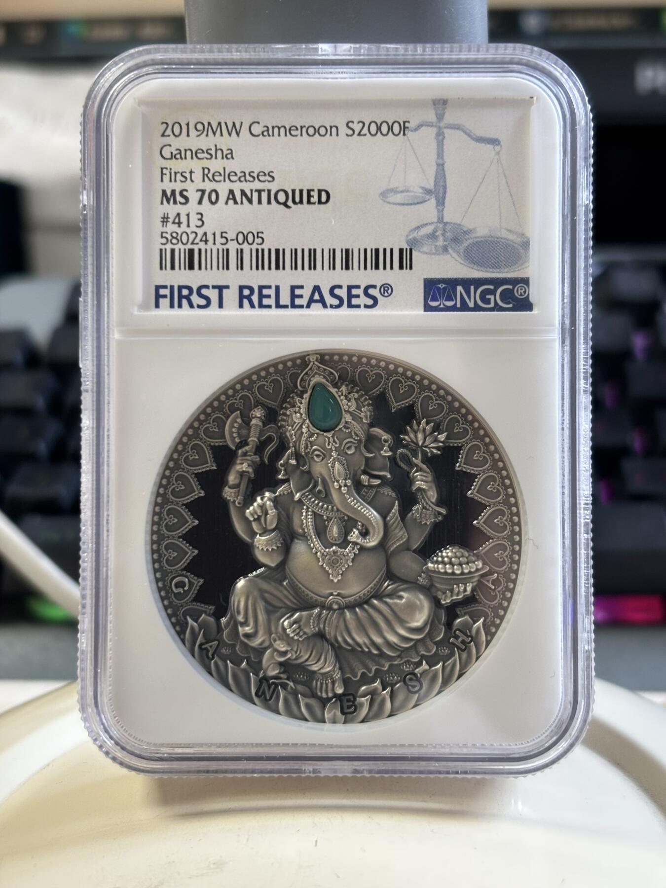 第187期拍卖 喀麦隆2019世界文化系列2象鼻神2盎司高浮雕镶嵌银币NGC-MS70首无盒无证书，999银，发行500枚