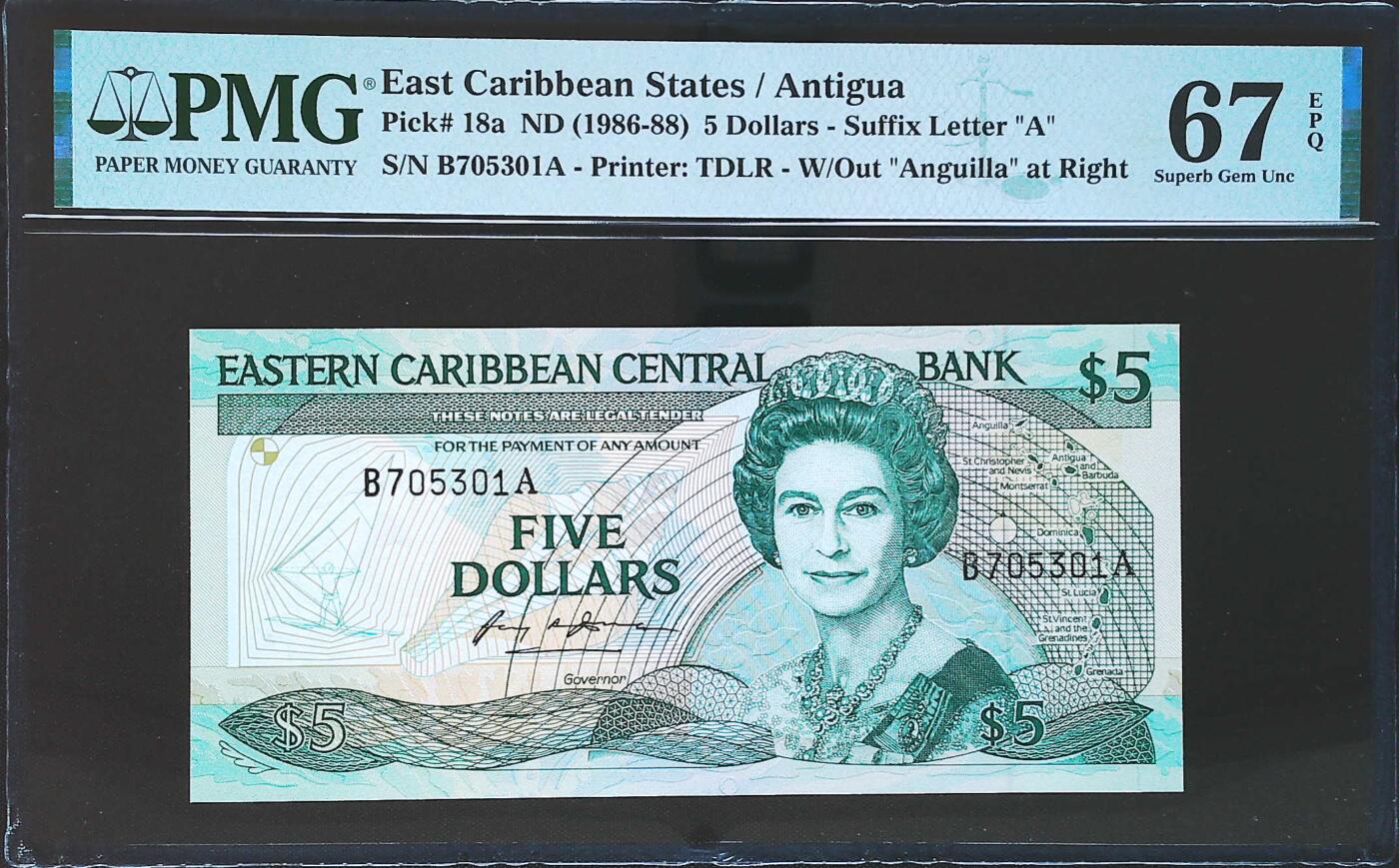 世界靓号纸钞第八十期 1986-88年东加勒比5元 早期女王头像 全程无4 PMG67 高分