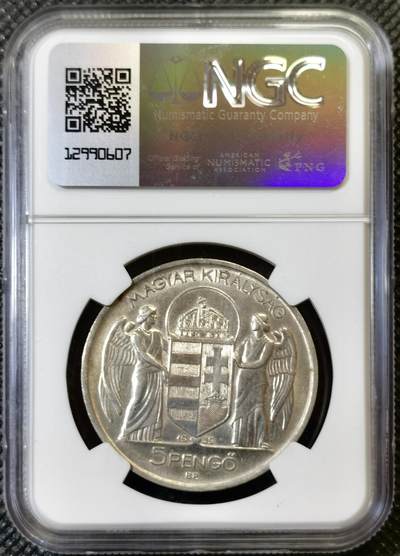 甄臻铺-世界币章拍卖（第46期）送拍享返佣金等优惠多多（1月10日精品场，敬请期待） NGC-UNC 匈牙利1939年摄政王霍尔果左侧像5潘果大银币，细节清晰，原味原光，疑似错杀！