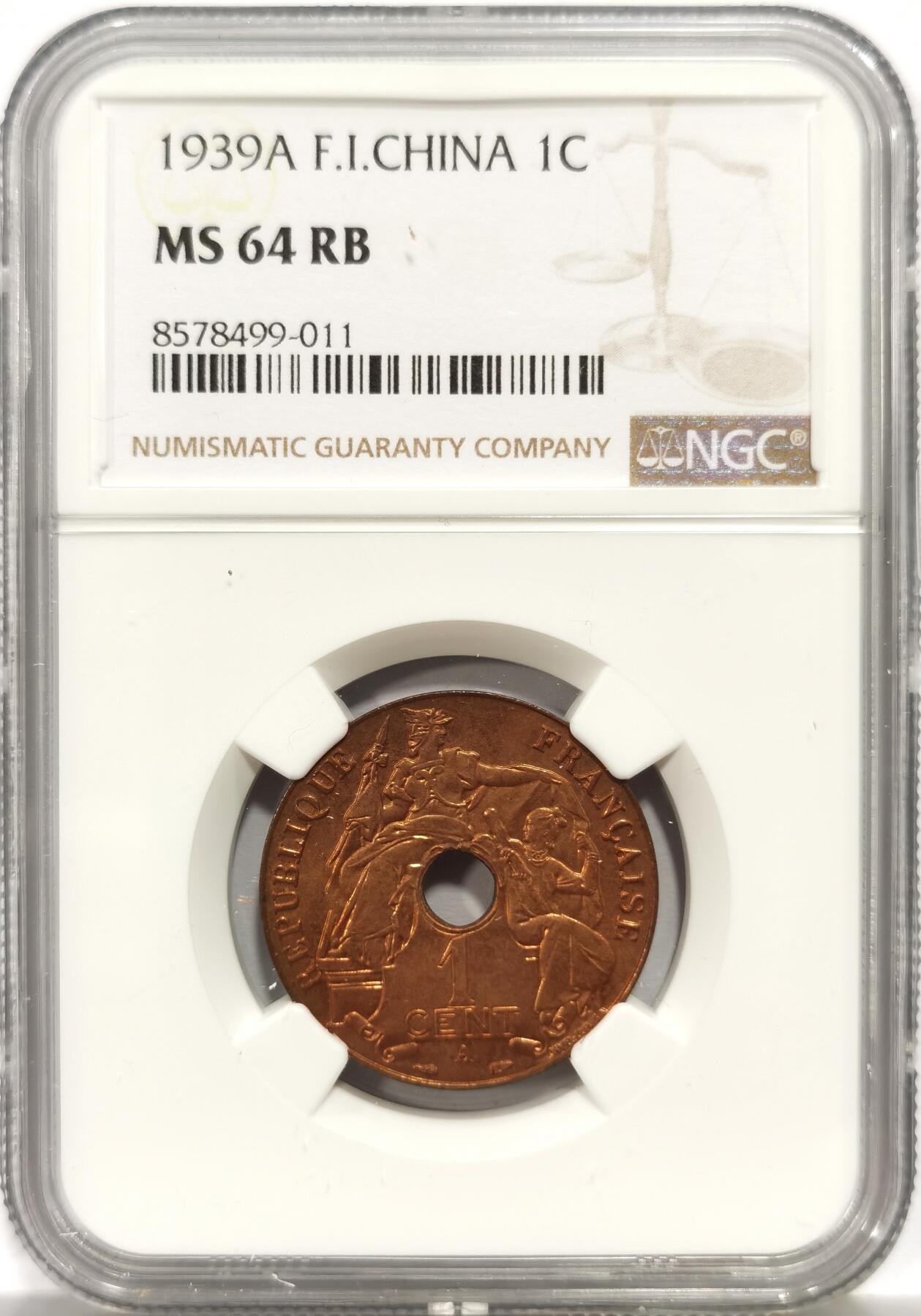 博洋堂世界钱币拍卖第156期（全场包邮） NGC MS64RB 法属印支1939年中孔百分之一铜币