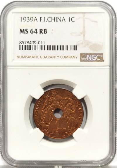 博洋堂世界钱币拍卖第156期（全场包邮） - NGC MS64RB 法属印支1939年中孔百分之一铜币