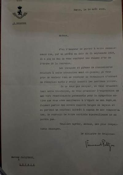 凯旋世界勋赏（第21期冬季大拍）（欢迎送拍）（对拍品有疑问请询问客服，不接受到手刀，出价默认拍品品相。请认真阅读拍卖规则！出价默认已认可！）（收到货请录制开箱视频，无视频概不处理问题。） - 一战 比利时王国 金级棕榈叶勋章 正式公函 1920年由 比利时驻瑞士大使亲签签发 授予 雅克罗德夫人 马克雅克罗德的妻子， 瑞士莱森委员会成员 参与了安置，救助伤病和难民