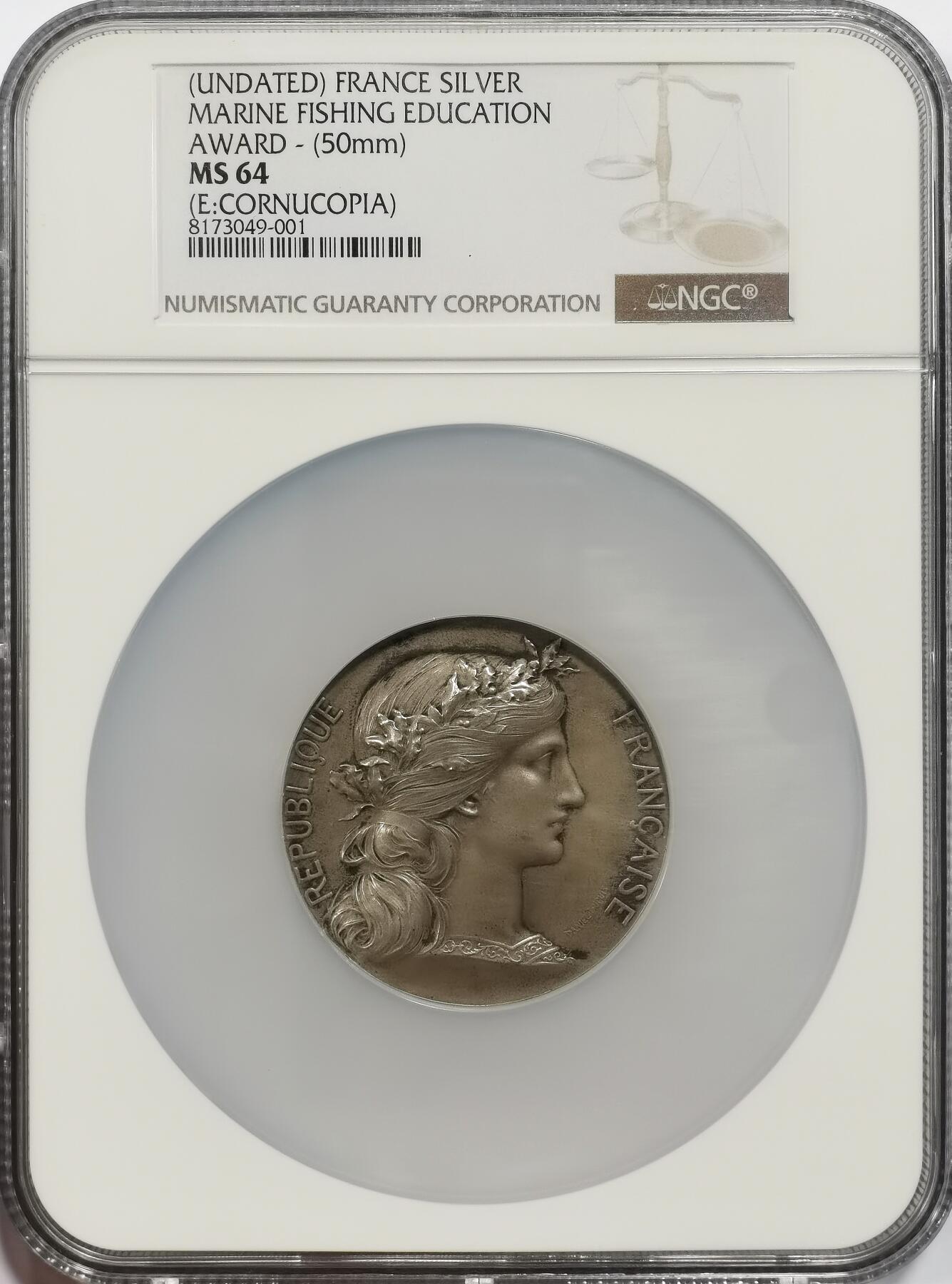 博洋堂世界钱币拍卖第156期（全场包邮） NGC MS64 法国海军学院教育巨大银章一枚。50mm巨大款，超高分品相极其不易！