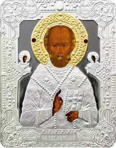 【币将精彩】世界钱币拍卖（2026-1-21） 库克2010年东正教圣尼古拉斯彩色镶嵌银币  面值5元，925银25克，规格30x38毫米方形，镶嵌施华洛世奇水晶，发行2500枚，有证书。