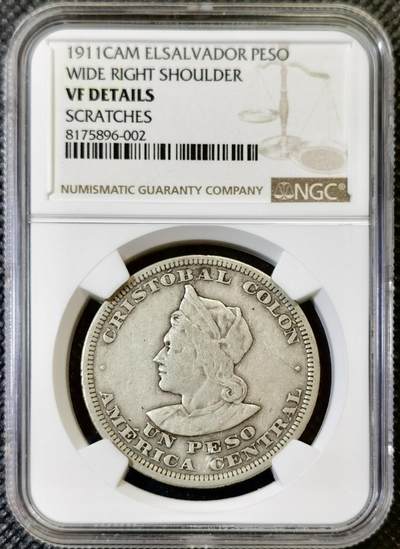 甄臻铺-世界币章拍卖（第46期）送拍享返佣金等优惠多多（1月10日精品场，敬请期待） - NGC-VFD 1911年萨尔瓦多哥伦布1比索大银币，包浆醇厚