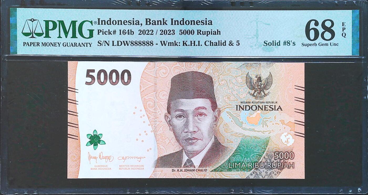 世界靓号纸钞第八十期 2023年印度尼西亚5000卢比 超级靓号全同号888888 PMG68 超高分