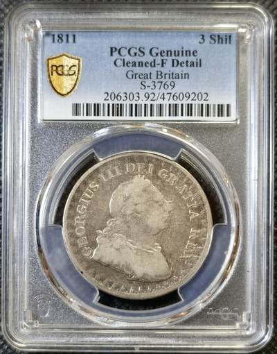 甄臻铺-世界币章拍卖（第46期）送拍享返佣金等优惠多多（1月10日精品场，敬请期待） - PCGS-F 英国1811年乔治三世英格兰银行3先令银币，包浆不错，很好玩的分数