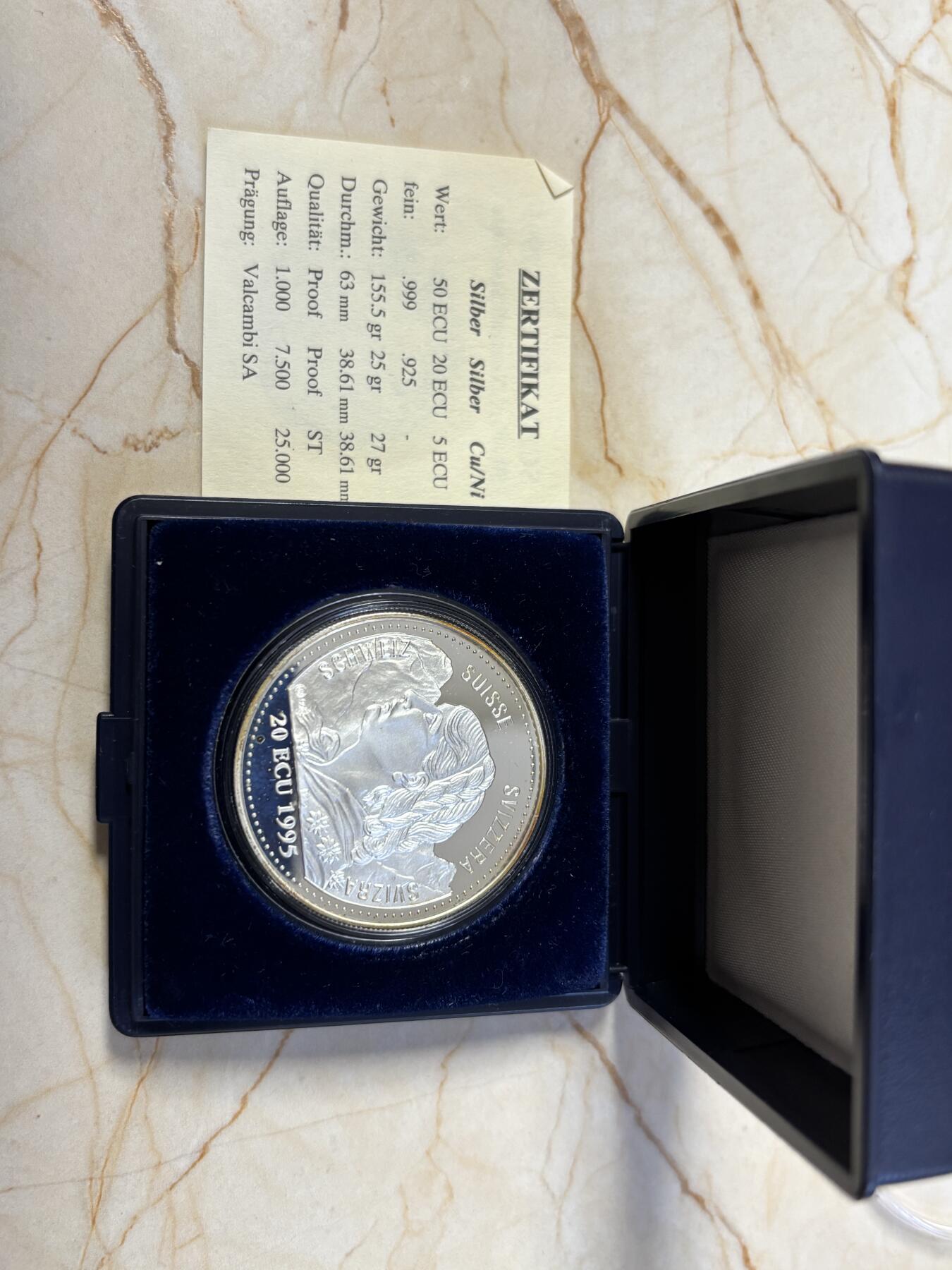 第187期拍卖 瑞士1995年航天航空展20埃居女神精制纪念银币带盒证书，925银，25克，边缘有氧化