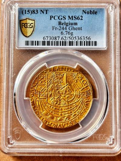 【Blue Auction】世界纸币精拍第773期——18级TOP拍卖/信誉/品质/专业/高效💫 - 【冠军分所见状态最佳 远比后期荷兰版的少见 做工细腻很多】比利时 1583年 Noble大金币 PCGS MS62 铭文清晰 全深打 拥有柔和的蜂蜜光泽 非常难遇 皇家人物手持剑与盾立于舰船之上，旗帜和盾上绘有狮子图案；背面华丽的十字花饰、狮子和皇冠（1579年，西班牙国王腓力二世将法尔内塞派遣到佛兰德斯，从荷兰人手中夺回该地控制权，发行短暂，这是“八十年战争”中围攻根特关键事件，历史意义重大） 
