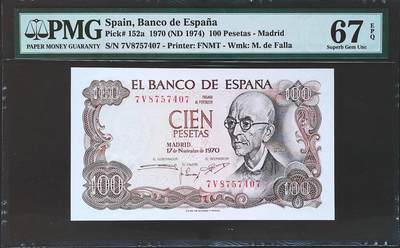 世界靓号纸钞第八十期 - 1970年西班牙1000比塞塔 PMG67
