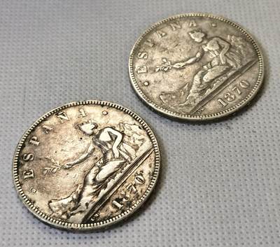 甄臻铺-世界币章拍卖（第46期）送拍享返佣金等优惠多多（1月10日精品场，敬请期待） 1870西班牙5比塞塔拿花双柱银币 临时政府时期，两枚一组，细节见图