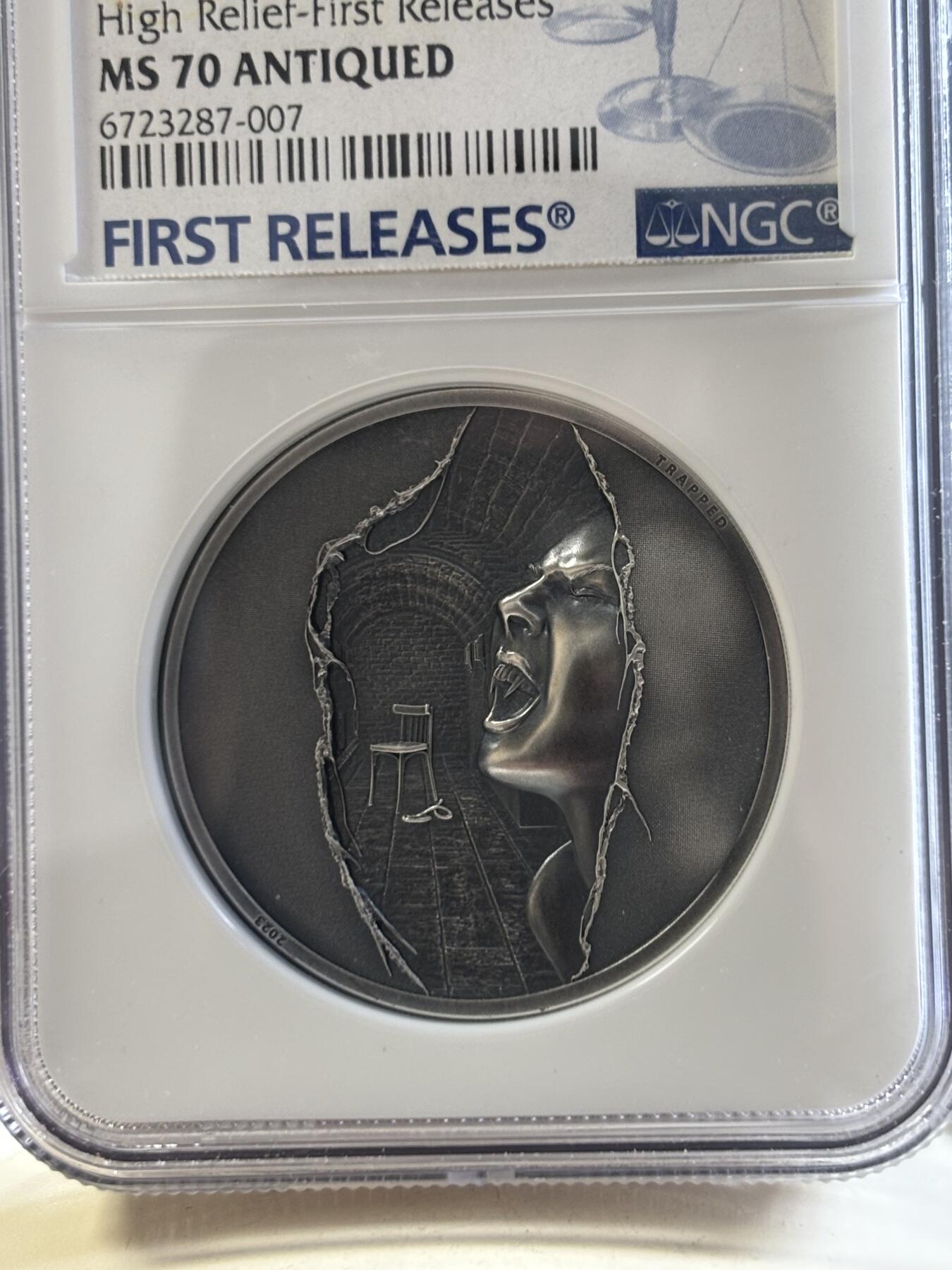 第187期拍卖 库克2023年迷茫和困境系列逃离仿古银币NGC-MS70首无盒无证书，999银，发行999枚