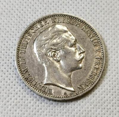 甄臻铺-世界币章拍卖（第46期）送拍享返佣金等优惠多多（1月10日精品场，敬请期待） - 德国普鲁士威廉二世，3马克银币，1909年 长翅鹰 流通品种，这枚品相在威二这种流通品相中算不错的，33mm  16.6g，细节见图