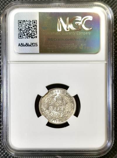 甄臻铺-世界币章拍卖（第46期）送拍享返佣金等优惠多多（1月10日精品场，敬请期待） NGC-MS63 1915年德国1/2马克，少见A厂