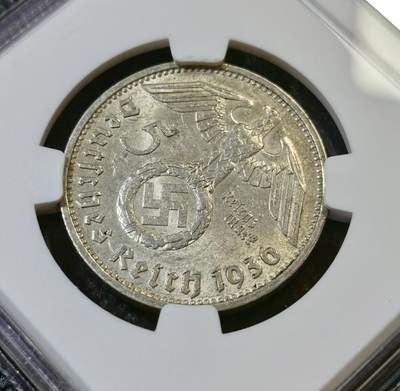 甄臻铺-世界币章拍卖（第46期）送拍享返佣金等优惠多多（1月10日精品场，敬请期待） NGC-MS62 德国 1936年 5马克 第三帝国D版兴登堡带字银币 原味包浆