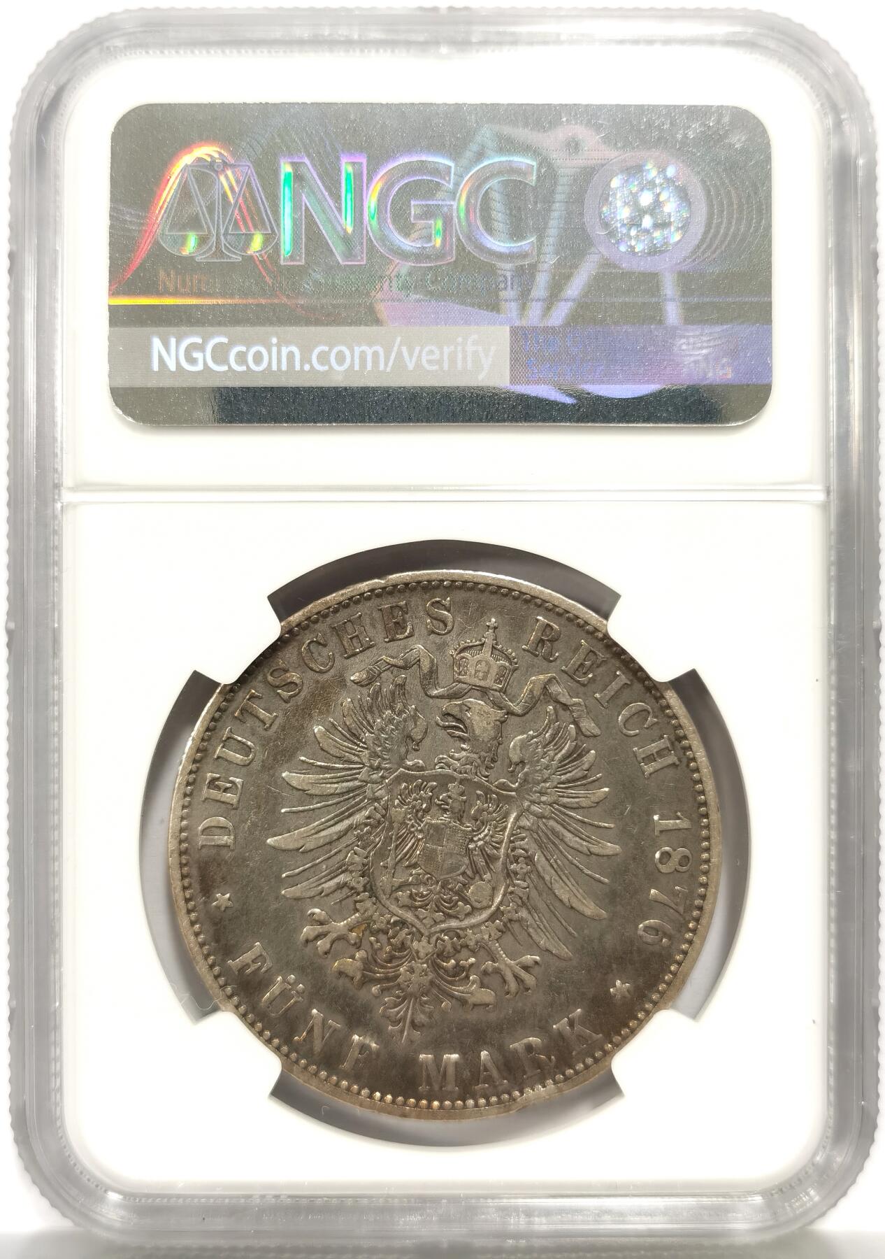 博洋堂世界钱币拍卖第156期（全场包邮） NGC XF 德国巴伐利亚1876年路德维希二世短翅鹰5马克，德系热门，底板金彩带点蓝，裸币都要四百五了