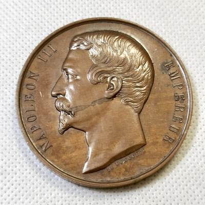 甄臻铺-世界币章拍卖（第46期）送拍享返佣金等优惠多多（1月10日精品场，敬请期待） - 1859年拿破仑三世农业铜章 57.8克 50.6mm 手指铜标 脸上有墨，细节见图