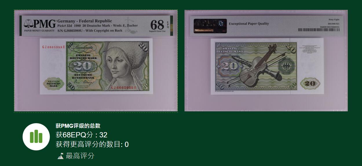 🐍甜小邱世界纸币收藏🐍第139期精品场💐 【冠军分】无347靓号尾88 PMG68 联邦德国 20 马克 1980