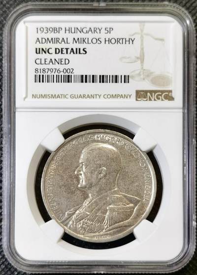 甄臻铺-世界币章拍卖（第46期）送拍享返佣金等优惠多多（1月10日精品场，敬请期待） - NGC-UNC 匈牙利1939年摄政王霍尔果左侧像5潘果大银币，细节清晰，原味原光，疑似错杀！