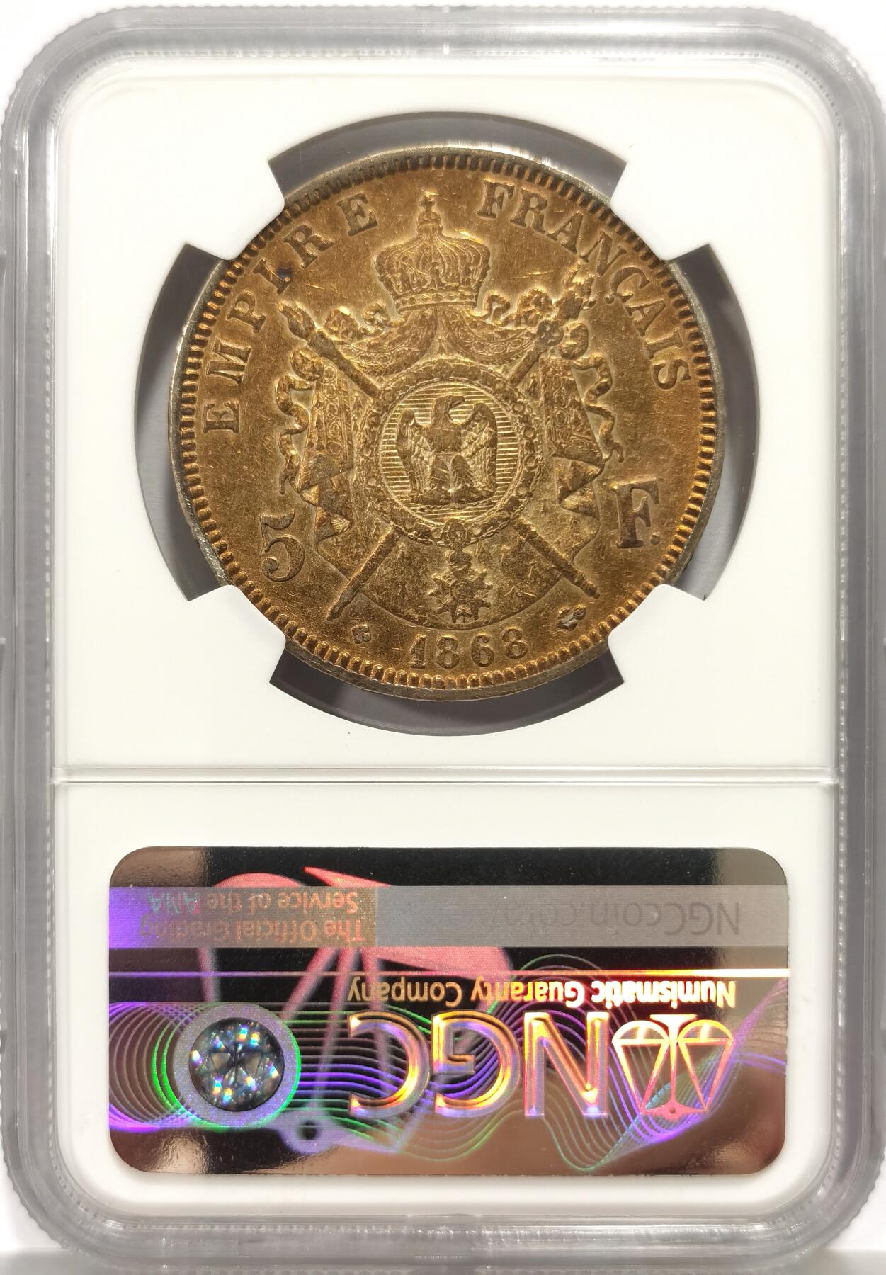 博洋堂世界钱币拍卖第156期（全场包邮） NGC XF 法国1868年拿破仑三世5法郎大银币，牛皮纸金色五彩硫化包浆，非常好看，银价都要三百七了