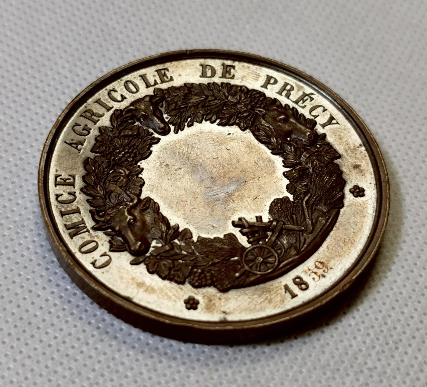 甄臻铺-世界币章拍卖（第46期）送拍享返佣金等优惠多多（1月10日精品场，敬请期待） 1859年拿破仑三世农业铜章 57.8克 50.6mm 手指铜标 脸上有墨，细节见图