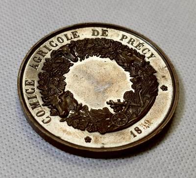 甄臻铺-世界币章拍卖（第46期）送拍享返佣金等优惠多多（1月10日精品场，敬请期待） 1859年拿破仑三世农业铜章 57.8克 50.6mm 手指铜标 脸上有墨，细节见图