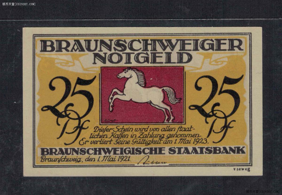 德国布伦瑞克州1921年25芬尼 紧急状态币 背小丑 实物图 UNC 