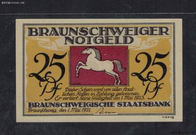 德国布伦瑞克州1921年25芬尼 紧急状态币 背小丑 实物图 UNC  - 德国布伦瑞克州1921年25芬尼 紧急状态币 背小丑 实物图 UNC 