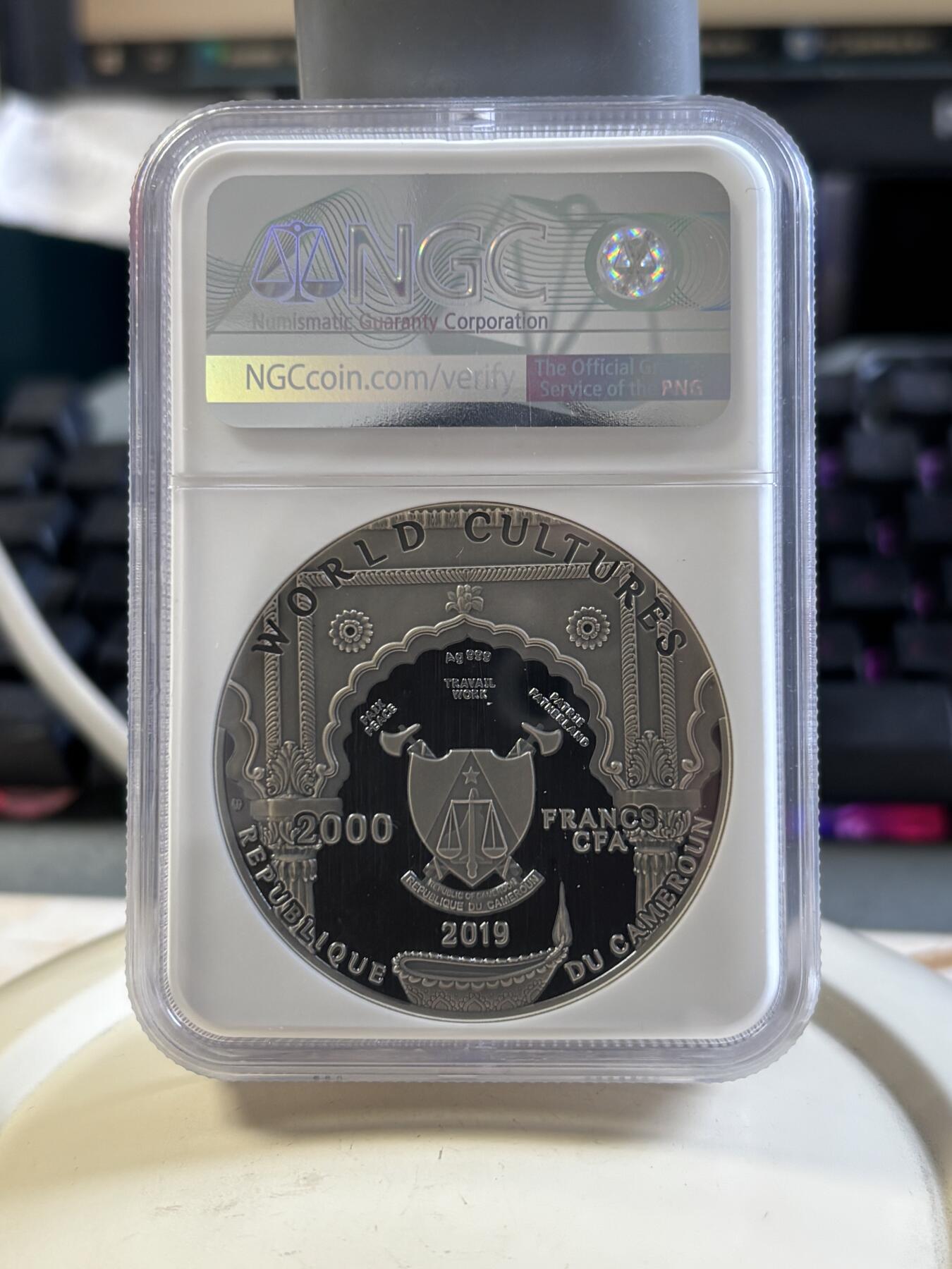 第187期拍卖 喀麦隆2019世界文化系列2象鼻神2盎司高浮雕镶嵌银币NGC-MS70首无盒无证书，999银，发行500枚