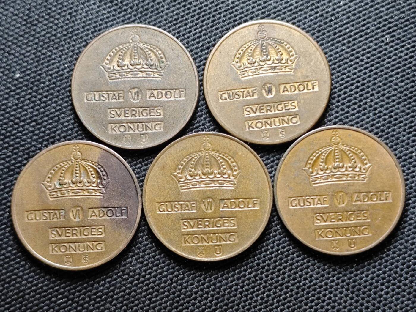 KK钱币收藏小铺  第387期  2月预留时间 周末发货  瑞典2欧尔铜币5枚