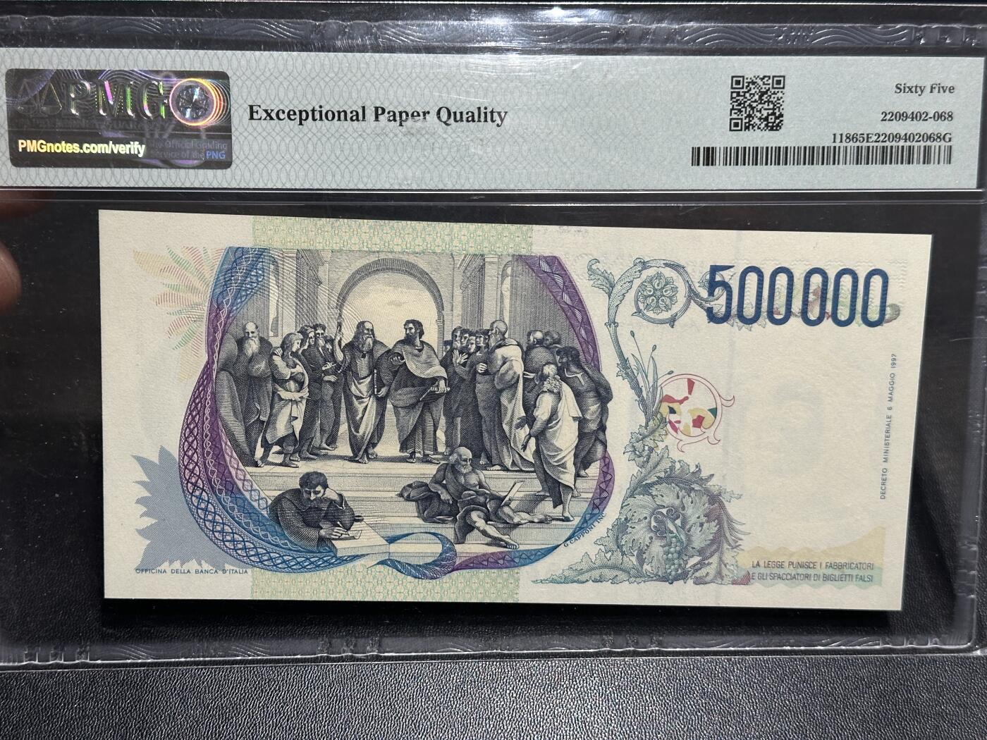 🎉🎉🎉《外钞收藏家》第六百期（年度庆典场）（本平台长期征集拍品、欢迎藏友们联系合作）❤️❤️❤️ 1997年意大利50万里拉 拉斐尔 PMG65 AA冠