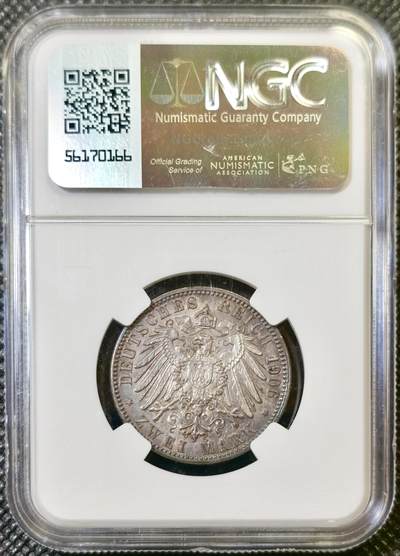 甄臻铺-世界币章拍卖（第46期）送拍享返佣金等优惠多多（1月10日精品场，敬请期待） NGC-AUD 1906年德国巴登金婚2马克银币,窖藏老深彩包浆