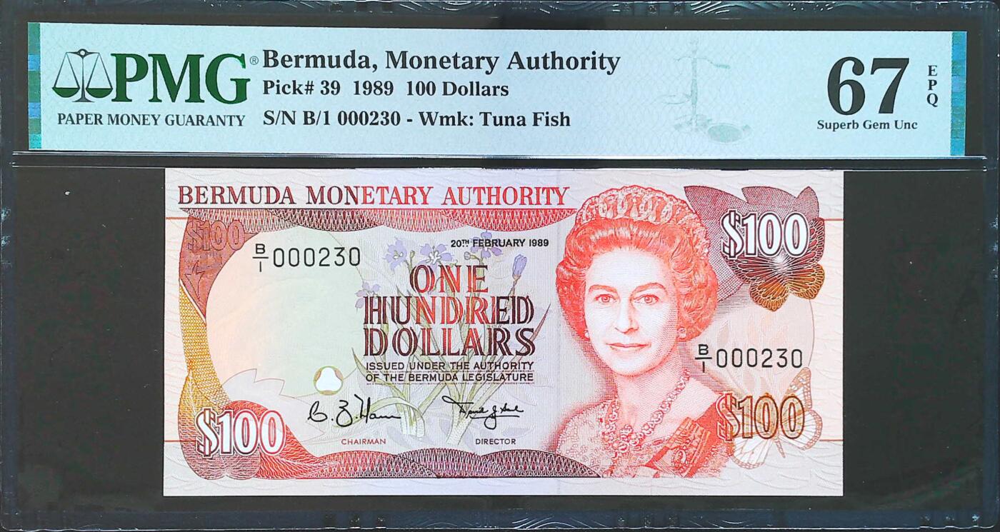 世界靓号纸钞第八十期 1989年百慕大100元 首发冠 百位号230号 PMG67 超高分