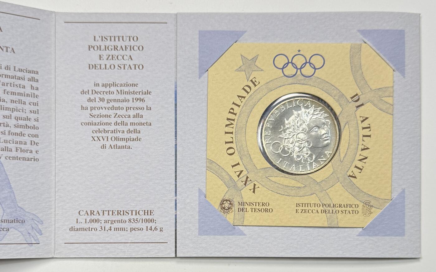 S&S Numismatic世界钱币-拍卖 第118期  意大利1996年 亚特兰大夏季奥运会 1000里拉纪念银币官方卡币 14.62克835银