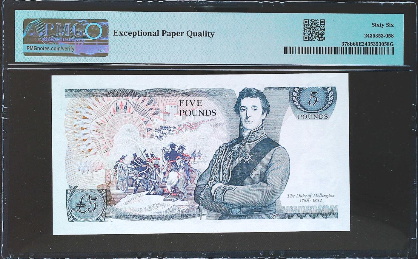 世界靓号纸钞第八十期 1973-80年英国英格兰银行5镑 全程无347 PMG66 D序列英镑