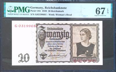 世界靓号纸钞第八十期 - 1939年德国20马克 全程无47 PMG67 超高分 亚军分