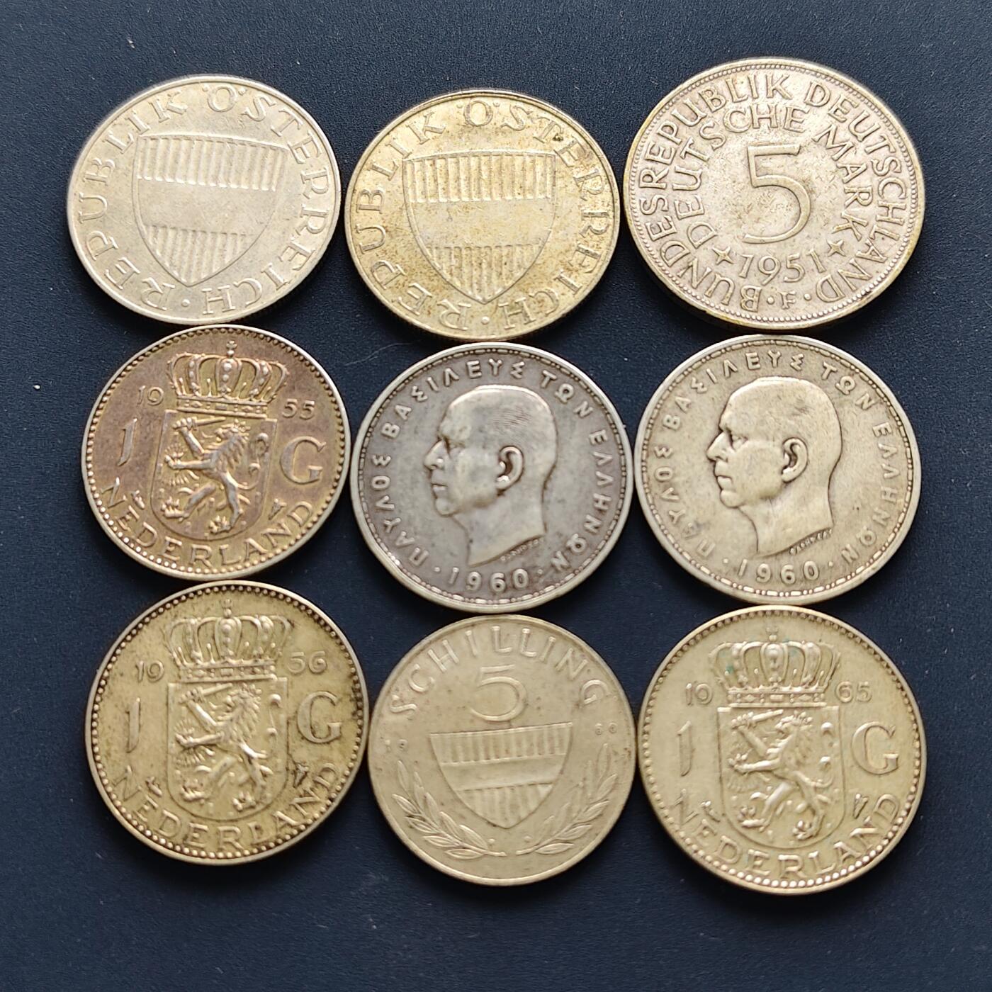 【全场包邮】纯粹捡漏拍493场 欧洲各国各年份银币9枚一组-奥地利1958年10先令2枚+德国1951年5马克1枚+荷兰1955-1965年1盾3枚+希腊1960年20德拉克马2枚+奥地利1960年5先令1枚【纯银价约837元（按18元银价折算）】