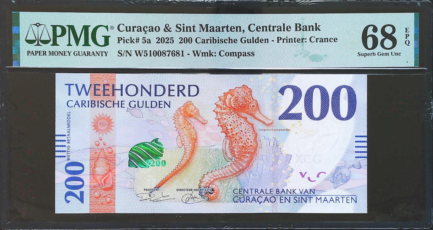世界靓号纸钞第八十期 2025年库拉索和圣马丁200盾 全程无4 PMG68 非常有希望评选今年的最佳 并且不好找 68分也相当难评