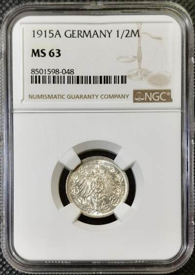 甄臻铺-世界币章拍卖（第46期）送拍享返佣金等优惠多多（1月10日精品场，敬请期待） - NGC-MS63 1915年德国1/2马克，少见A厂