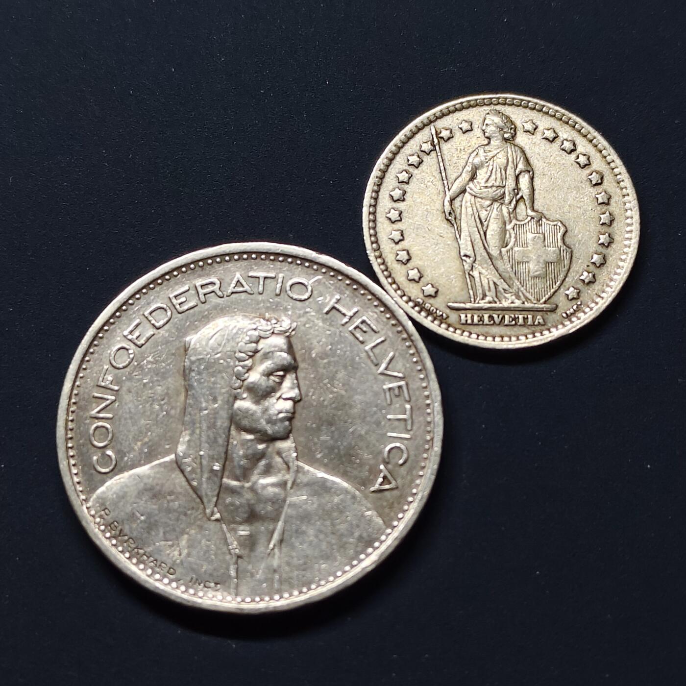 【全场包邮】纯粹捡漏拍493场 瑞士早期1/5法郎银币2枚一组【5克+15克，纯银价约300元（按18元银价折算）】