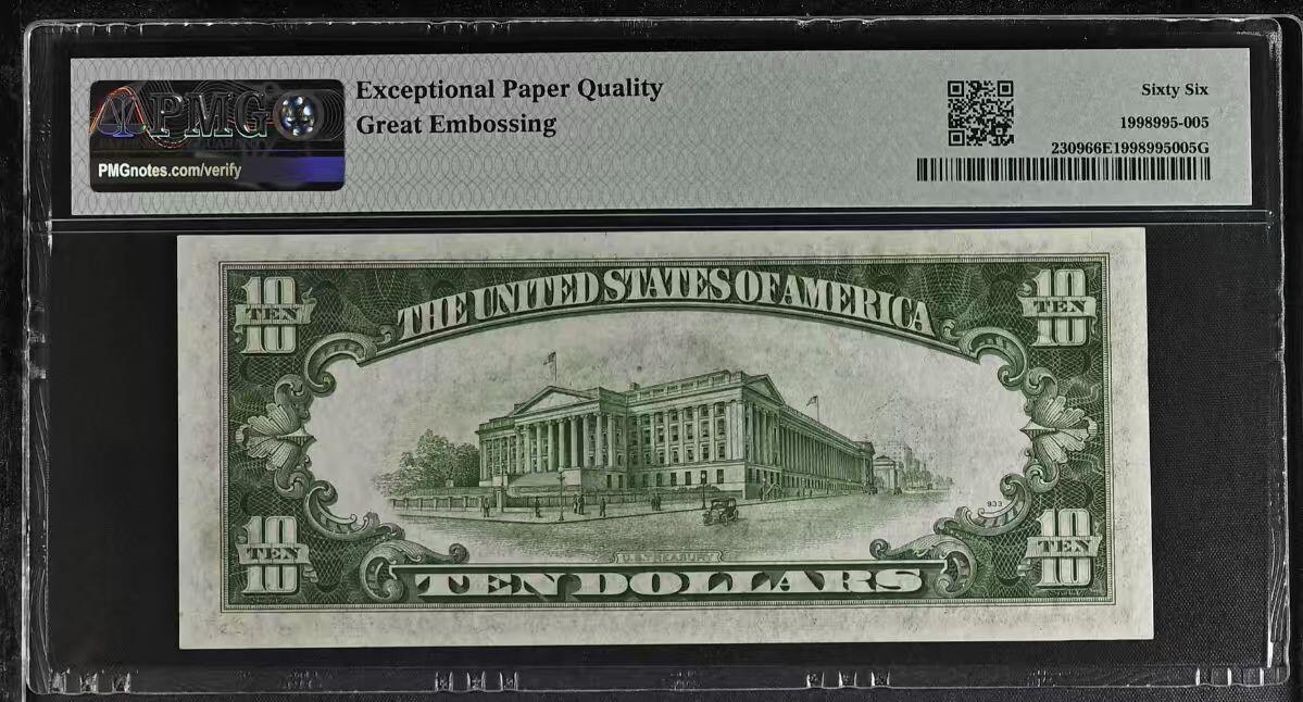 🎉🎉🎉《外钞收藏家》第六百期（年度庆典场）（本平台长期征集拍品、欢迎藏友们联系合作）❤️❤️❤️ 1934A年份 10美元 二战北非券 North Africa - WWII Emergency Issue 号码无47 B区纽约分行首发A冠 背标“Great Embossing”极其精美的浮雕 PMG66EPQ 亚军分数（正面标有收藏家Sheffer的名字）