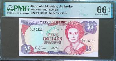 世界靓号纸钞第八十期 - 1992年百慕大5元 全程无3457 豹子号222 PMG66