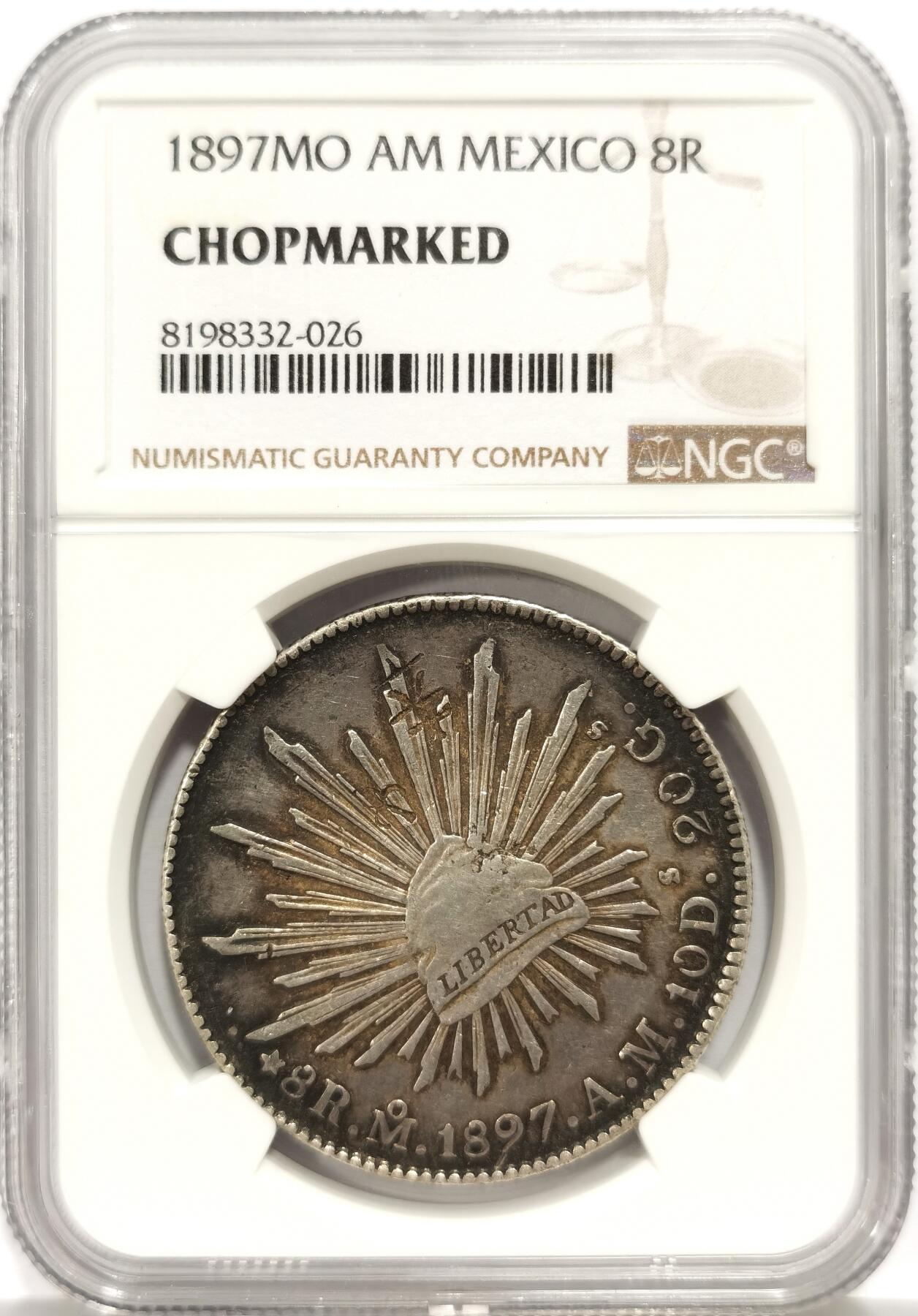 博洋堂世界钱币拍卖第156期（全场包邮） NGC Chopmarked 墨西哥1897年MO AM鹰洋，黑漆古老包浆钱庄极印验银。当下银价就要400多了。