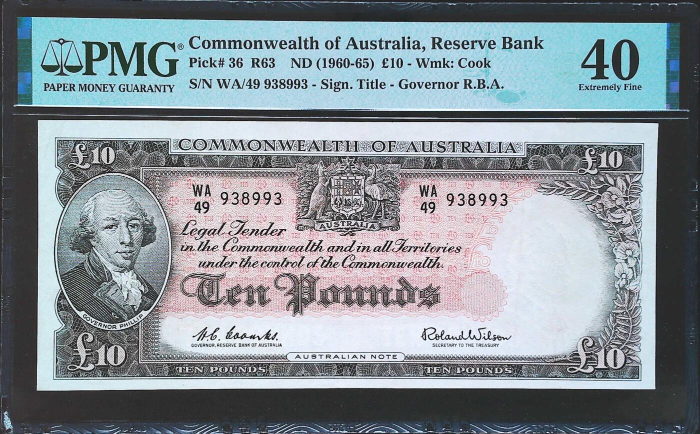 世界靓号纸钞第八十期 1960-65年澳大利亚10镑 老版澳镑 全程无47 PMG40