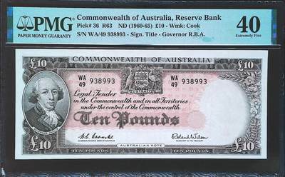 世界靓号纸钞第八十期 - 1960-65年澳大利亚10镑 老版澳镑 全程无47 PMG40
