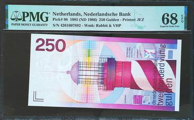 世界靓号纸钞第八十期 - 1985年荷兰250盾 经典灯塔 PMG68 超高分