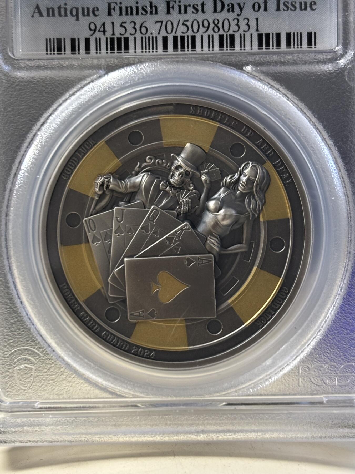 第187期拍卖 帕劳2024年扑克警卫镀金仿古浮雕纪念银币PCGS-SP70首无盒无证书，1盎司。9999银，发行1111枚，