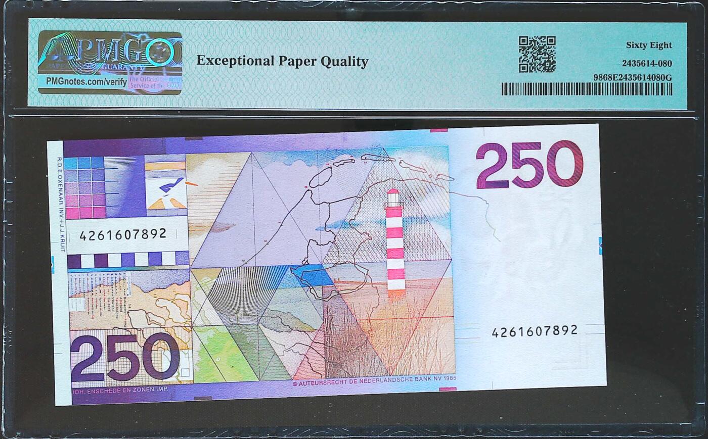 世界靓号纸钞第八十期 1985年荷兰250盾 经典灯塔 PMG68 超高分
