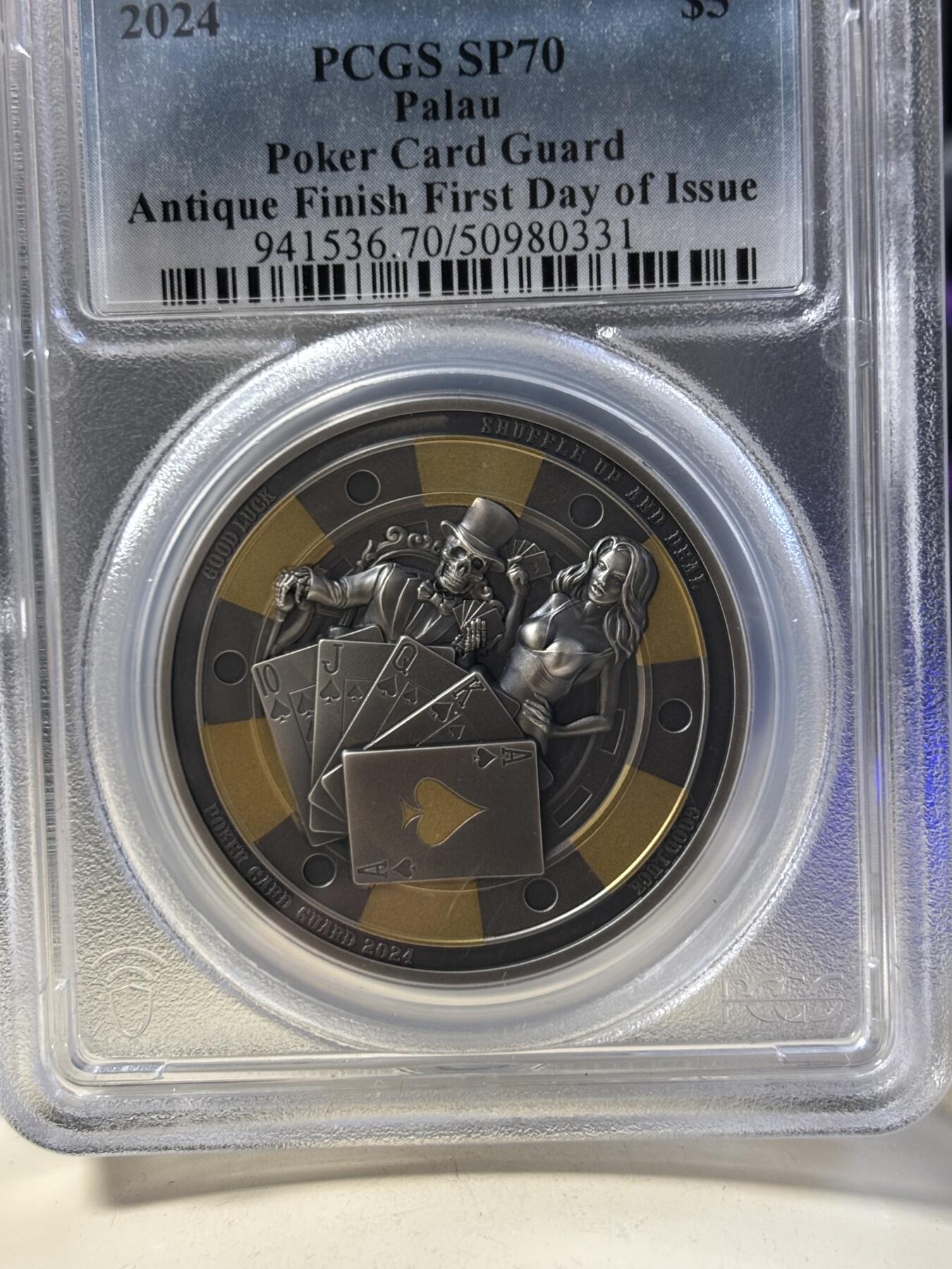 第187期拍卖 帕劳2024年扑克警卫镀金仿古浮雕纪念银币PCGS-SP70首无盒无证书，1盎司。9999银，发行1111枚，
